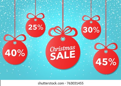 Christmas and New Year's sale. Beautiful discount and promotion red Christmas balls. Special offer vector tag. New year holiday card template. Shop market poster design. Vector illustration.