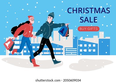 Christmas and New Years sale. A guy and a girl run holding hands to the sale of gifts. The background depicts houses and falling snow. Cute vector flat image. Background for landing page or website.