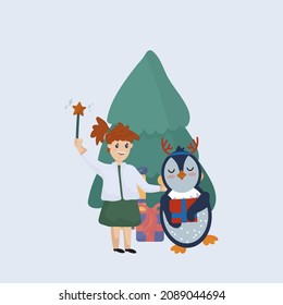 Christmas and New Year's scene with cute seasonal elements. Cartoon characters with children and animals. Vector illustration