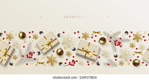 Christmas New Years seamless border, golden on white background with Xmas decorations snowflakes, balls, boxes of gifts, fir branches, holly berries. Vector element for festive advertising design