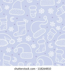 Christmas and New Years seamless pattern background with santa hats and socks and mittens