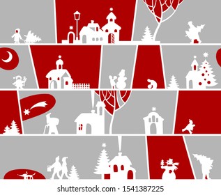 Christmas and New Year's seamless pattern background with cut silhouette of town and people on dark red and brown background. Vector illustration