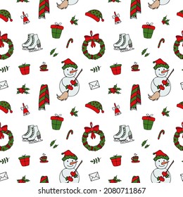 Navidad y Año Nuevo sin problemas. El fondo es impecable con muñecos de nieve, patines, cajas de regalo, bayas huecas.