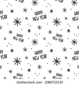 Navidad y Año Nuevo sin problemas. El fondo es impecable con copos de nieve y la inscripción Feliz Año Nuevo.