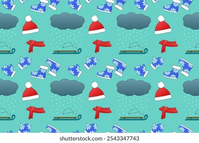 Christmas and New Years seamless pattern with winter accessories, sled, and snowfall. Perfect for festive designs and holiday decor.