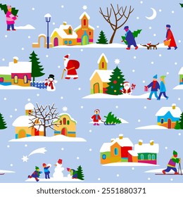 Christmas and New Year's seamless pattern background with small cartoon colorful images of houses and people outdoors on the eve of the holiday in a funny 
flat style. Vector illustration