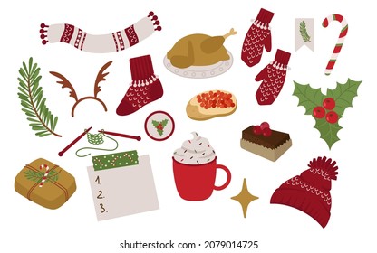 Christmas and New Year's set of cozy winter elements. Fir branch, knitted hat, scarf, mittens with cute patterns, poinsettia, caviar sandwich. Festive vector illustration for scrapbooking, postcards.
