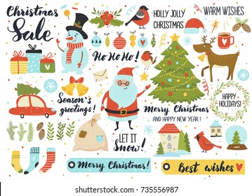 Christmas and New Year's set, hand drawn elements - calligraphy, Santa, snowman, deer, fur tree,  wreath and other. Perfect for web, greeting card, poster, tag, sticker kit.Vector illustration