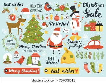 Christmas and New Year's set with Santa, snowman, deer, fur-tree, calligraphy, ornaments, wreath and other. Perfect for greeting card, web, scrapbooking, poster, tag, sticker kit. Hand drawn elements.