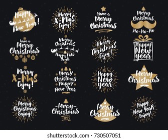 Los carteles de Navidad y Año Nuevo ponen color dorado blanco sobre fondo negro para tarjetas de felicitación, etiquetas de regalo, emblema, venta de Navidad, promoción de productos, diseño web y material de marketing. Ilustración vectorial