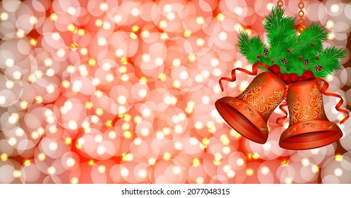 Christmas and new year's template. Bokeh red background, red Cristmas bells with bows, ribbons. Christmas tree branches with cones. Social media, social network, copy space. Vector illustration