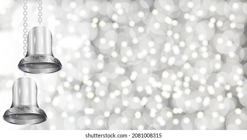 Christmas and New Year's template. Bokeh silver background, shiny silver bells. Christmas bells for banners, flyers, posts, cards. Social media, social network. Vector illustration