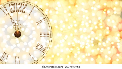 Christmas and new year's template. Countdown to midnight. Last moments before Christmas or New Year, 2022. New year clock. Bokeh golden background. Social media, social network. Vector illustration