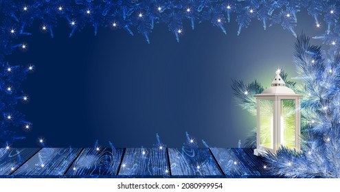 Christmas and new year's template. Decorative white vintage lantern with light, snowflakes, snow-covered spruce branches on dark blue background. Social media, social network. Vector illustration