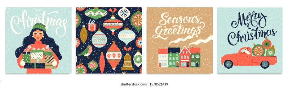 Christmas and New Year's Template Set for Greeting Scrapbooking, Congratulations, Invitations, Tags, Stickers, Postcards. Christmas Posters set. Vector illustration.