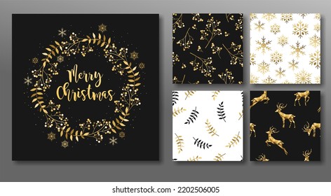 Christmas and New Year's  Template Set for Greeting Scrapbooking, Congratulations, Invitations, Tags, Stickers, Postcards. Seamless retro gold texture Christmas patterns. Vector illustration.