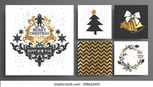  Christmas and New Year's  Template Set for Greeting Scrapbooking, Congratulations, Invitations, Tags, Stickers, Postcards.  Christmas Posters set. Vector illustration.