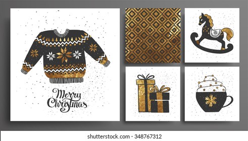  Christmas and New Year's  Template Set for Greeting Scrapbooking, Congratulations, Invitations, Tags, Stickers, Postcards.  Christmas Posters set. Vector illustration.