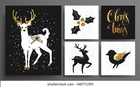  Christmas and New Year's  Template Set for Greeting Scrapbooking, Congratulations, Invitations, Tags, Stickers, Postcards.  Christmas Posters set. Vector illustration.