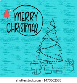 Christmas and New Year's Template, with tree and box, Santa hat for Greeting, Congratulations, Invitations, Tags, Stickers, Postcards. Vector illustration. Hand drawing.