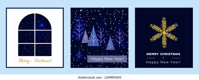 Christmas and New Year's templates for postcards and posters, holiday expectations, Christmas trees, falling sleep, golden snowflake, greetings