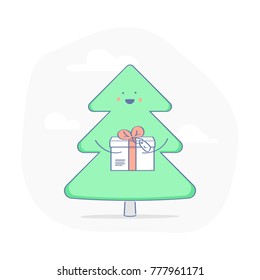 Christmas or New Year's tree with gift on a green background. Flat outline cute vector illustration for holiday.