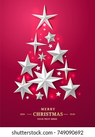 Christmas and New Years Tree made of realistic cutout paper stars isolated on red background with luminous elements. For your design layout, mock-up. 3d illustration 