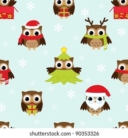 Christmas and New Year's vector pattern with owls in funny costumes