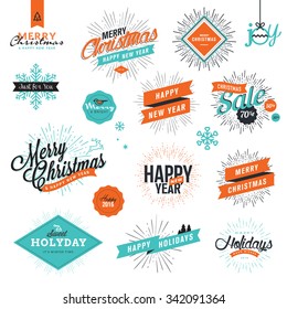 Christmas and New Year's vintage style signs for greeting cards, gift tags, Christmas sale, web design, product promotion, e-commerce and marketing material.