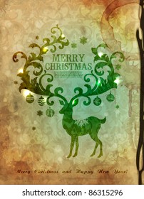 Christmas and New Years vintage-look postcard with silhouette of reindeer and frame for text EPS10 contains transparency