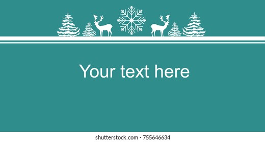 Christmas New Years Web Banner Poster. White Silhouettes Deers Fir Trees Snow Flake. Border Copy Space for Text. Sale Announcement Advertisement Invitation