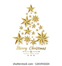 Christmas and New Years white background with Christmas Tree made of cutout paper gold stars. Vector illustration