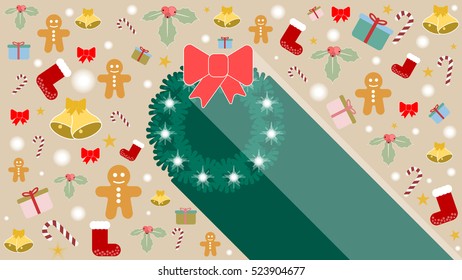 Christmas or New Year's wreath with bow on decorated attributes kraft paper background