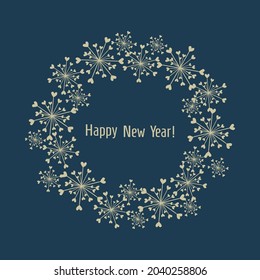 Christmas, New Year's wreath of shining golden snowflakes with small hearts. Suitable for Greeting card with a festive wreath, invitation, banner, poster, background. For text, photo, save date, logo