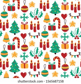 Christmas New yeat doodle colorful cute icons holiday symbols seamless vector pattern