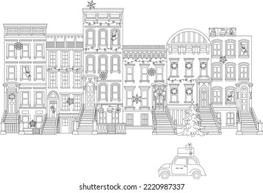 Christmas in New York brownstone. perfect for coloring and line drawing packaging