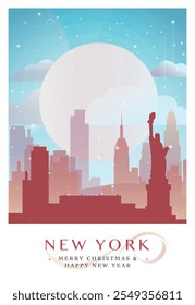 Christmas New York retro poster for winter  festives, New Year in USA. Greetings, happy holidays and merry xmas from United States of America vector postcard layout