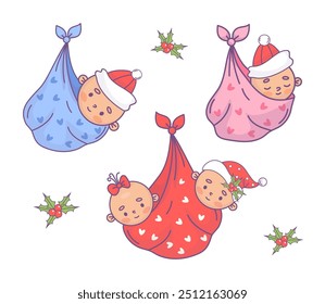 Christmas newborn. Cute festive babies twin, girl and boy in Santa hat in bag bundle. Isolated funny cartoon kawaii holiday infant character. Vector illustration. Kids collection