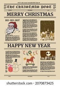 Christmas newspaper poster, old paper retro style. Greering Merrry Christmas and Happy new Year. Vector illustration decoration design