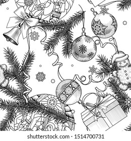 Christmas and New-Year seamless pattern background with decorations isolated on white. Vintage engraving stylized drawing. Vector illustration