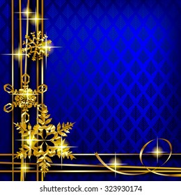 Christmas and New-Year's greeting card with blue background and gold foil snowflakes. Vector illustration