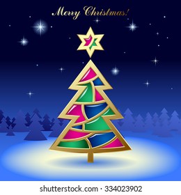 Christmas & New-Year's greeting card with a gold tree with stained glass on dark blue starry background. Vector illustration