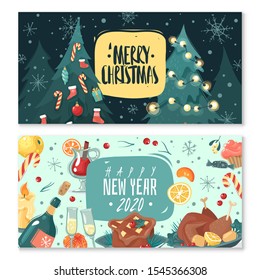 Christmas ney year horizontal banners in cartoon style with wishes, characters holiday symbols. Collection of badges. Gala dinner, tangerine, cake. Vector