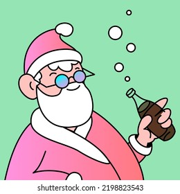 Christmas NFT Santa drinking soda. Holiday cartoon character, doodle style, vector illustration