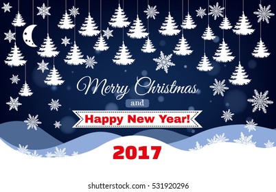 Christmas night backdrop white silhouette christmas trees, snowflakes vector a border and snowdrifts on a dark blue background with text.