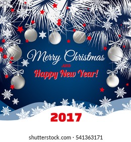 Christmas night backdrop white silhouette christmas trees, white balls vector a border and snowdrifts on a dark blue background with text. eps 10