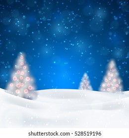 Christmas night background with fir trees and snow, dark blue sky. Vector illustration. Merry Christmas poster. Holiday design, decor. Vector illustration.