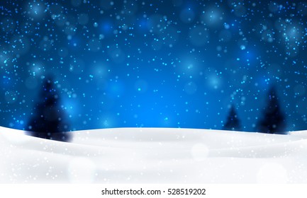 Christmas night background with fir trees and snow, dark blue sky. Vector illustration. Merry Christmas poster. Holiday design, decor. Vector illustration.