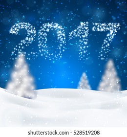 Christmas night background with fir trees and snow, dark blue sky and illuminated numbers 2017. Vector illustration. Merry Christmas poster. Holiday design, decor. Vector illustration.