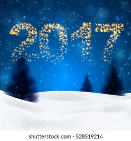 Christmas night background with fir trees and snow, dark blue sky and illuminated numbers 2017. Vector illustration. Merry Christmas poster. Holiday design, decor. Vector illustration.